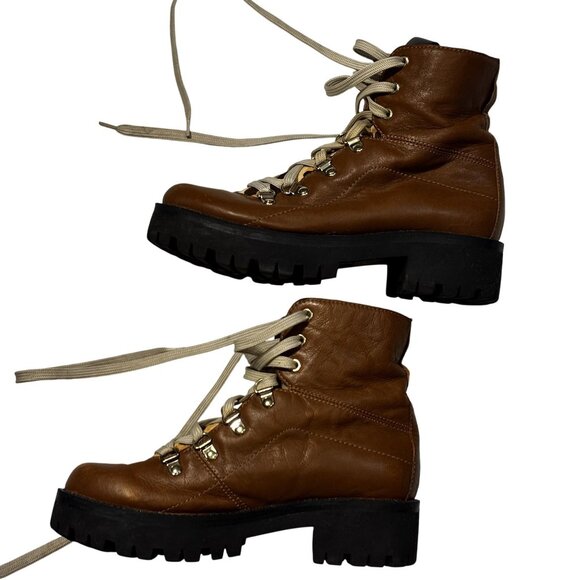 Steve Madden Brown Leather & Cow Hair Hiking Boots With Leopard Print Tongue - Picture 4 of 12